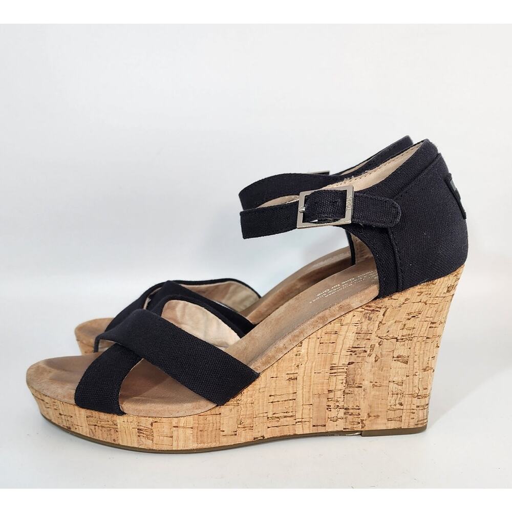 Toms Black Wedge Ankle Strap Sandals Women's Size 9 Wide